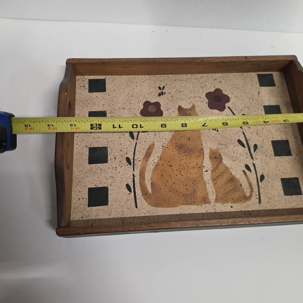 Vintage Primitive Folk Art Wooden Cat Serving Tray Farmhouse Decor Hand Painted